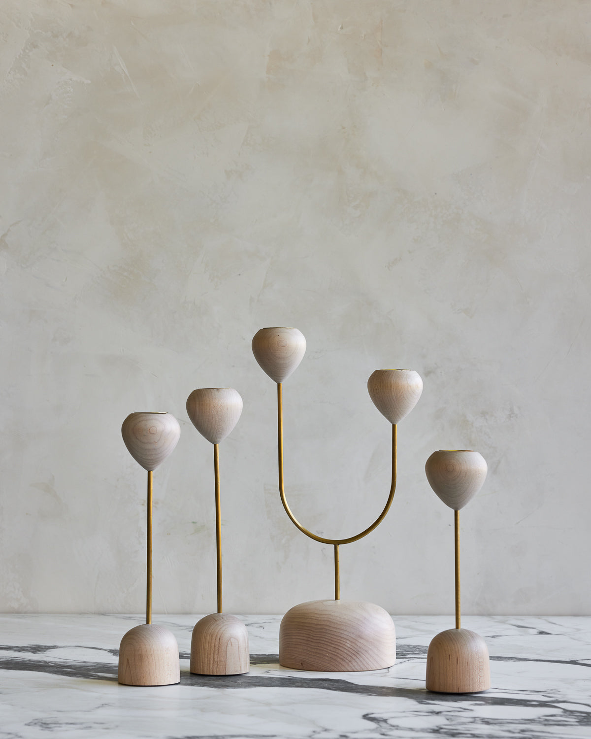 Simple and modern Maple and brass flower inspired candle holders