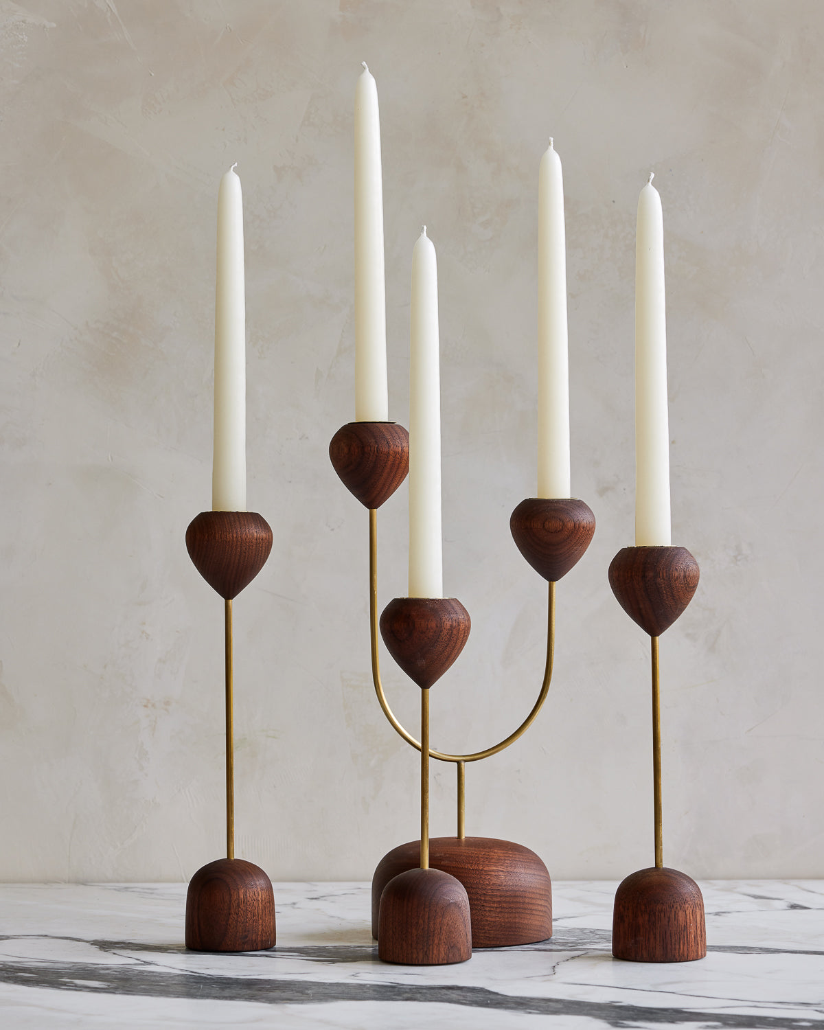 Modern black walnut and brass flower inspired candle holders