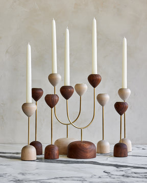 Modern black walnut, maple and brass flower inspired candle holders
