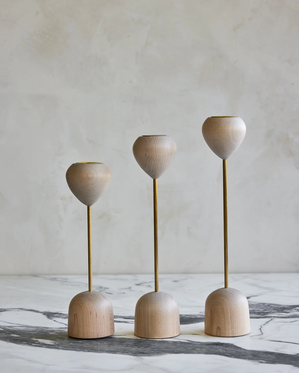 Maple and brass flower inspired candle holders #wood-finish_clear maple