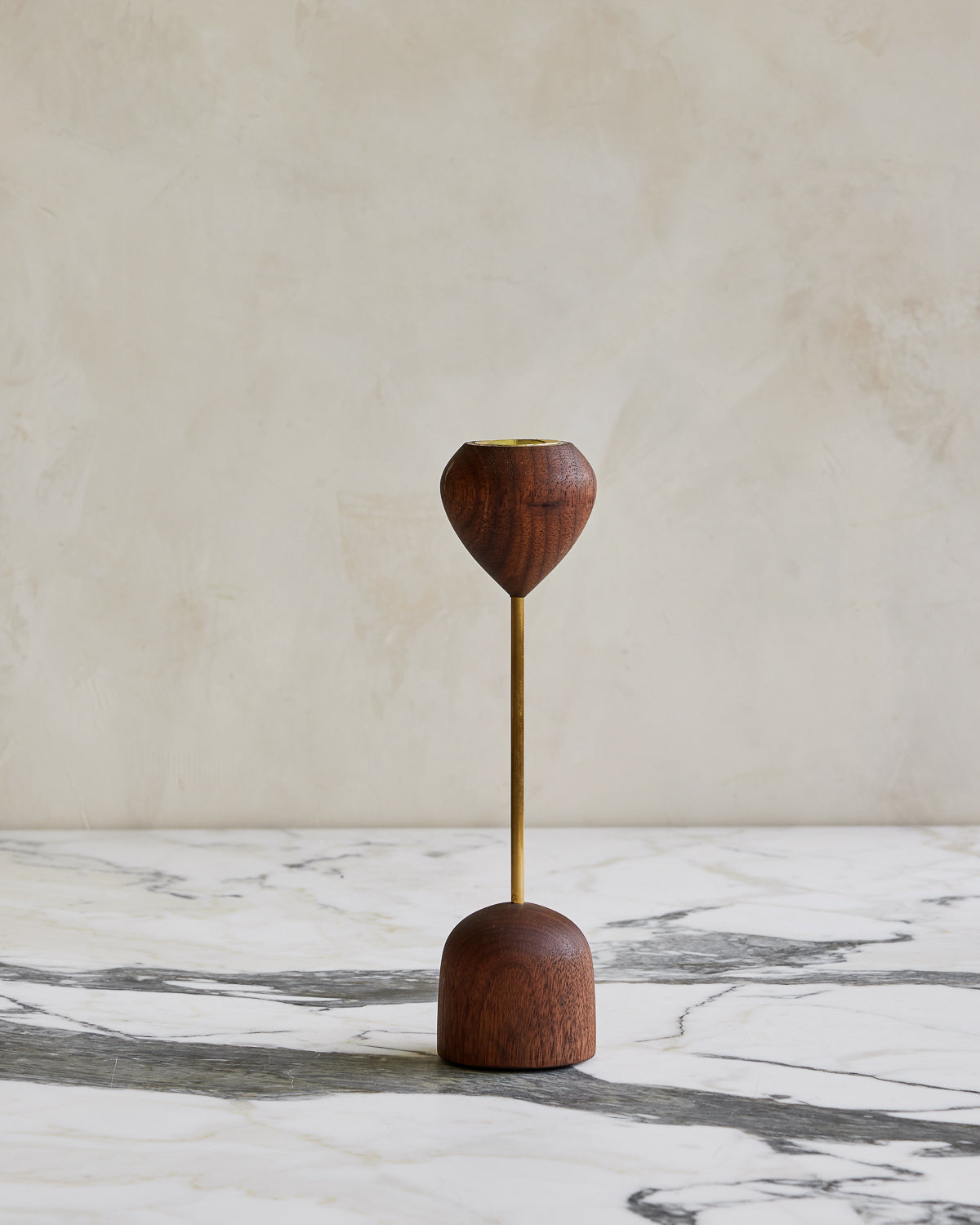 Modern black walnut and brass flower inspired candle holder