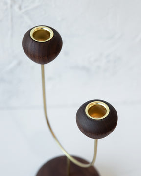 Modern black walnut and brass flower inspired candle holder