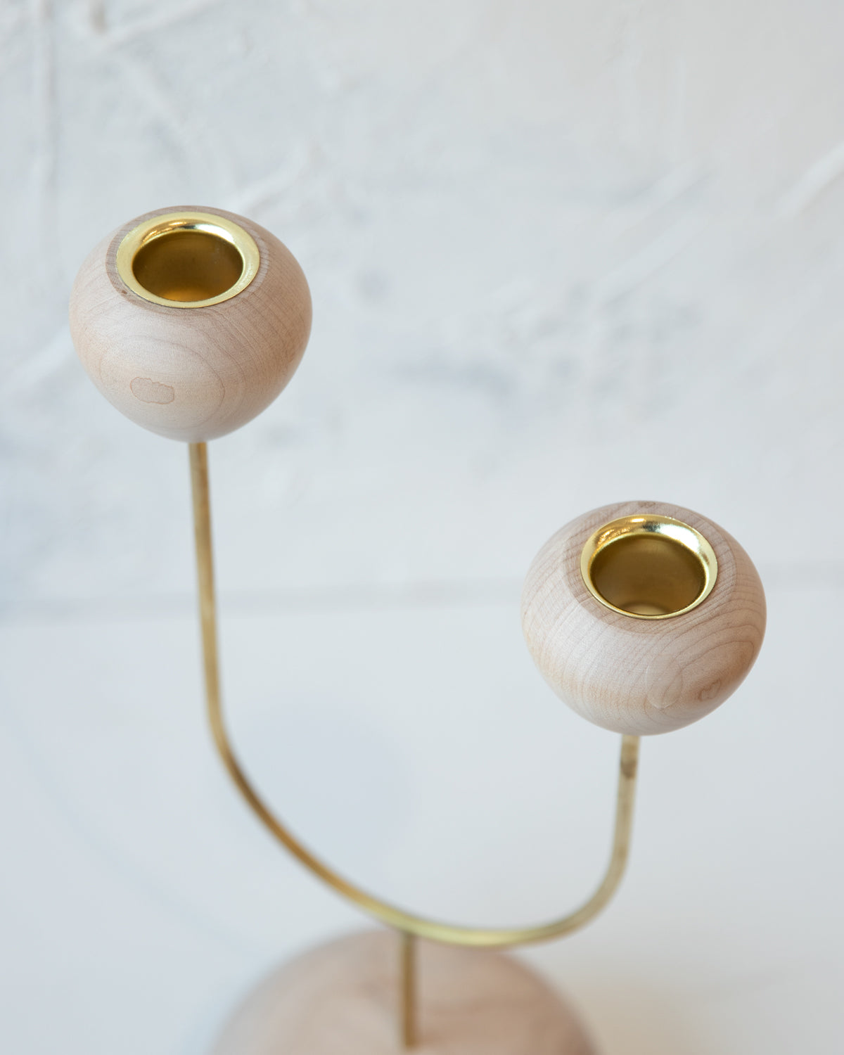 Modern maple and brass flower inspired candle holder