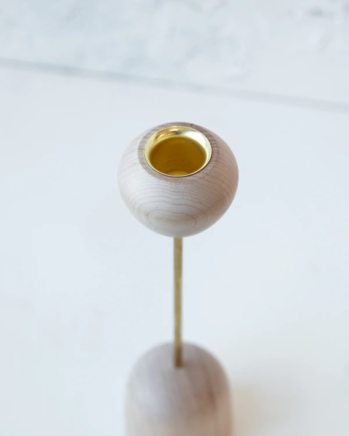 Modern maple and brass flower inspired candle holder 