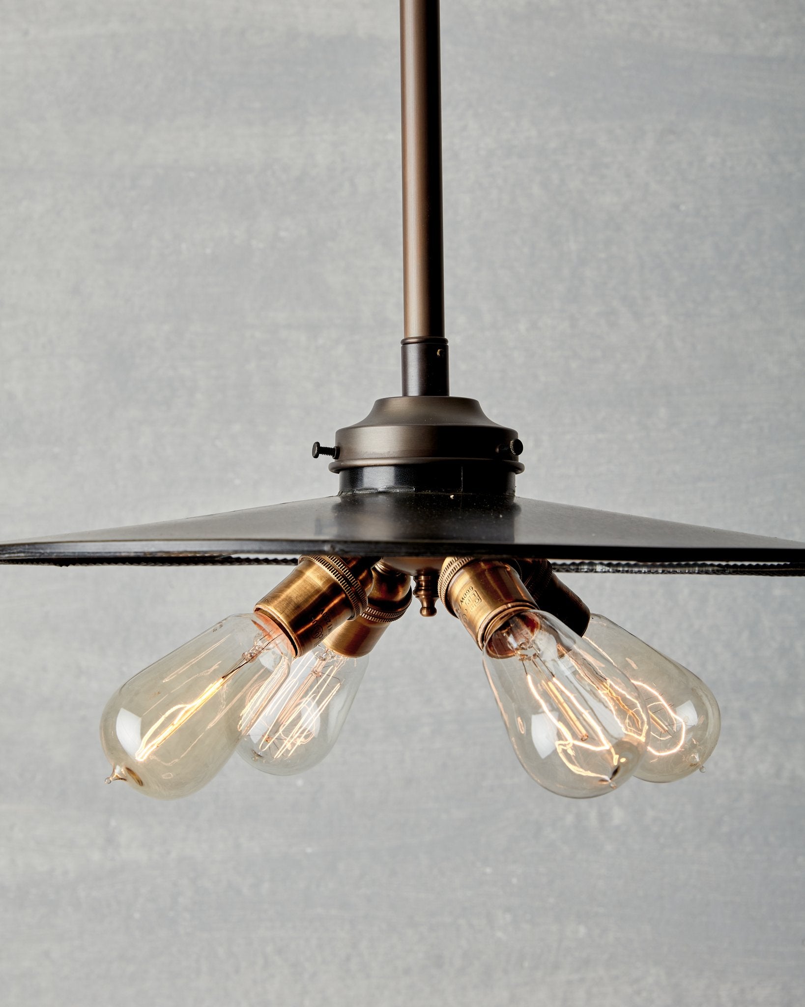 Large flat mirrored ceiling pendant with exposed lightbulbs. Made by RTO Lighting in Philadelphia. Hardwired light fixture. Simple interior design, made in the USA. #size_29" diameter