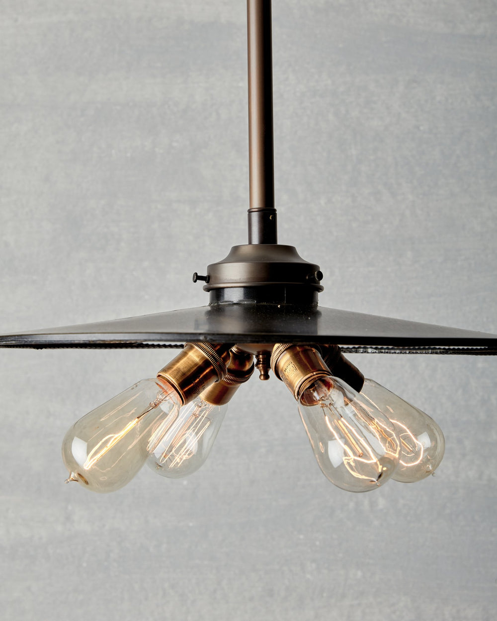 Large flat mirrored ceiling pendant with exposed lightbulbs. Made by RTO Lighting in Philadelphia. Hardwired light fixture. Simple interior design, made in the USA. #size_29" diameter