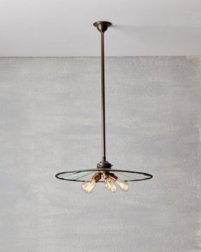 Large flat mirrored ceiling pendant with exposed lightbulbs. Made by RTO Lighting in Philadelphia. Hardwired light fixture. Simple interior design, made in the USA.