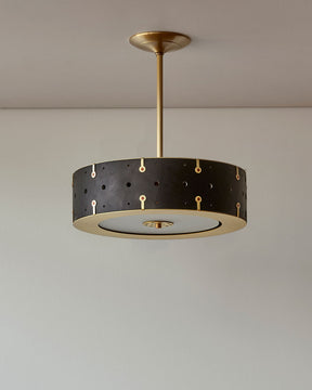 Beautiful satin brass ceiling pendant fixture with handstitched leather drum shade and customizable drop