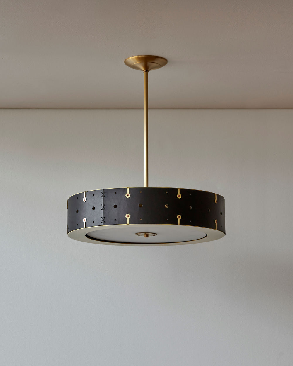 Beautiful satin brass ceiling pendant fixture with handstitched leather drum shade and customizable drop #leather-color_black harness #size_18" drum