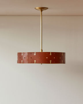 Beautiful satin brass ceiling pendant fixture with handstitched leather drum shade and customizable drop