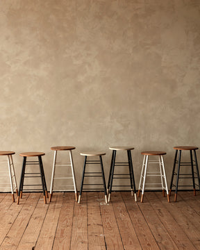 LOSTINE GORDON STOOLS - Classic ladder metal base stool with wooden seat and feet, workshop stool. Counter and bar height. Made by Lostine in Philadelphia. Simple interior design, made in the USA. Warm American Modern Design